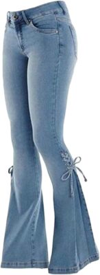 Women's Lace-up Bell Bottom Denim Pants Mid Waist Stretchy Flare Juniors Jeans Trouser Leggings