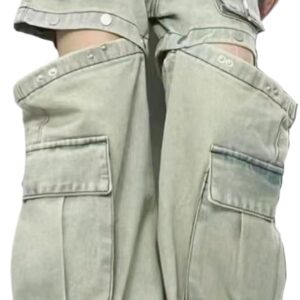 Women's Gothic Overalls Vintage Multi Pocket Washed Jeans High Waisted Straight Tube Loose Fitting Pants Y2K Jeans