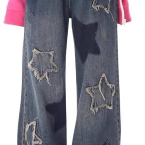 Cute Jeans for Women Girls Star Patchwork Pants Y2K High Waisted Straight Leg Baggy Jean Casual Preppy Clothes
