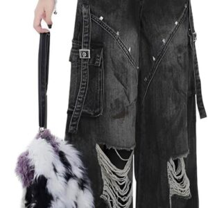 Gothic Women's Jeans Fashion Y2K Vintage Straight High Waist Baggy Wide Leg Ripped Denim Pants Black