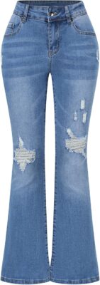 Womens Stretchy Mid Rise Flare Jeans Distressed Denim Bell Bottom Pants