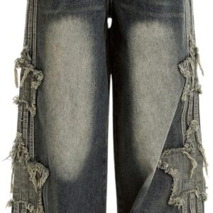Baggy Jeans for Woman Girls Star Patchwork High Waist Cute Jeans Y2K Streetwear Loose Pants   Clothing